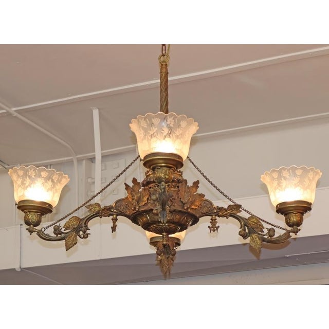 19th Century Bronze 4 Light Etched Glass Shade Gas Chandelier Gasolier For Sale In New York - Image 6 of 18