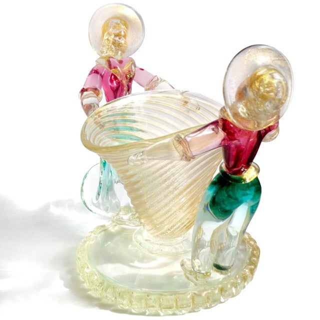 Murano Vintage Murano Sommerso Gold Leaf Italian Art Glass Female Male Figures Mid-Century Centerpiece Vase For Sale - Image 4 of 7