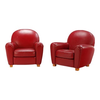 French Red Leather Art Deco Style Club Chairs Circa 1970. For Sale