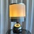 Italian space age spherical chrome table lamp with silver striped drum shade. Beautiful globe chrome body matching the...