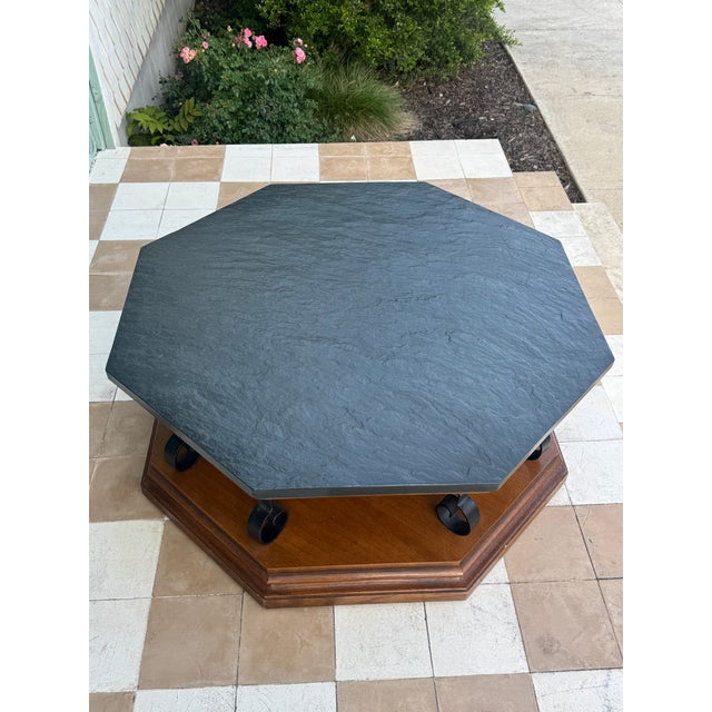 Vintage C. 1969 Mid Century Modern Spanish Revival Octagonal Slate Top & Iron Coffee Table For Sale - Image 4 of 10