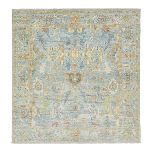 Apadana's Modern Sultanabad Square Wool Rug Handmade in Blue With Floral Design For Sale