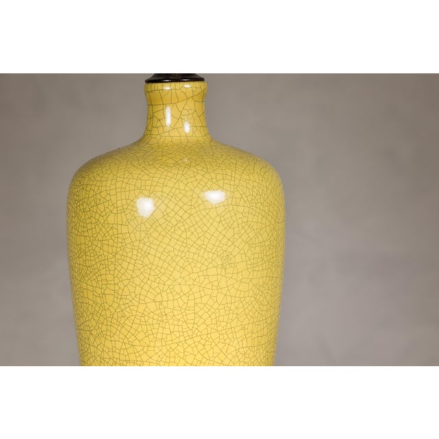 Yellow Crackle Glazed Ceramic Vase Made into Table Lamp on Wooden Base For Sale In New York - Image 6 of 9