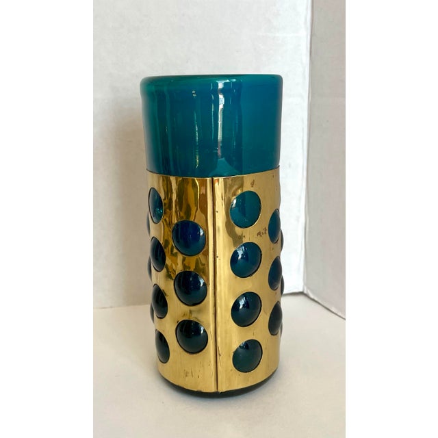 Mid 20th Century Mexican Hand-Blown Caged Blue Art Glass and Brass Glasses Made by Jomeli - Set of 6 For Sale - Image 11 of 12