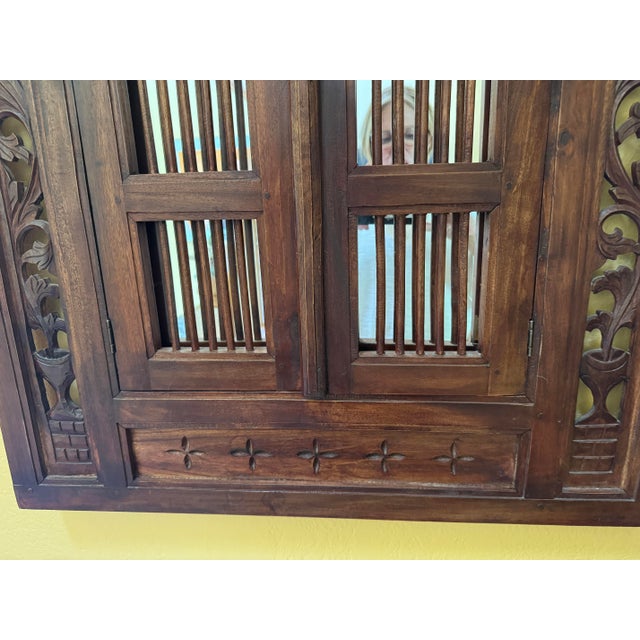 1900 - 1909 Asian Balinese Carved Teak Shutter Window Wall Mirror For Sale - Image 5 of 11