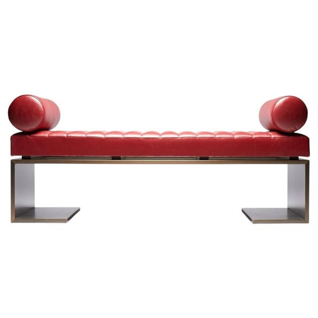 Metal Kimani Bronze Leather Bench with Cushions by Reda Amalou Design For Sale - Image 7 of 7