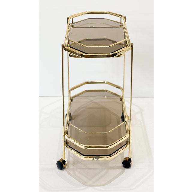 Mid 20th Century Italian Modern Rolling Drinks Cart or Console Trolley of Brass and Smoked Glass For Sale In Austin - Image 6 of 14