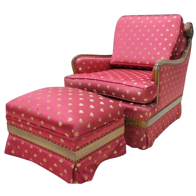 Carved Mahogany Club Chair & Ottoman For Sale