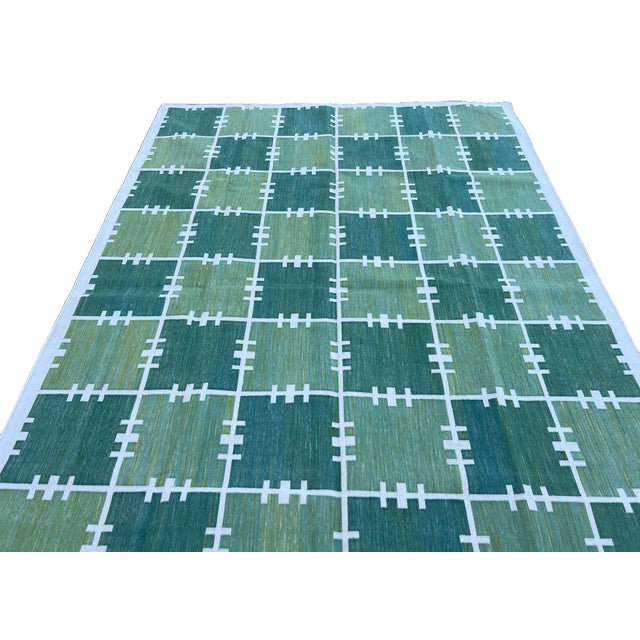 Textile Handmade Cotton Area Rug, Natural Vegetable Dyed, Green and Cream Checked Dhurrie- 8'x10' For Sale - Image 7 of 10