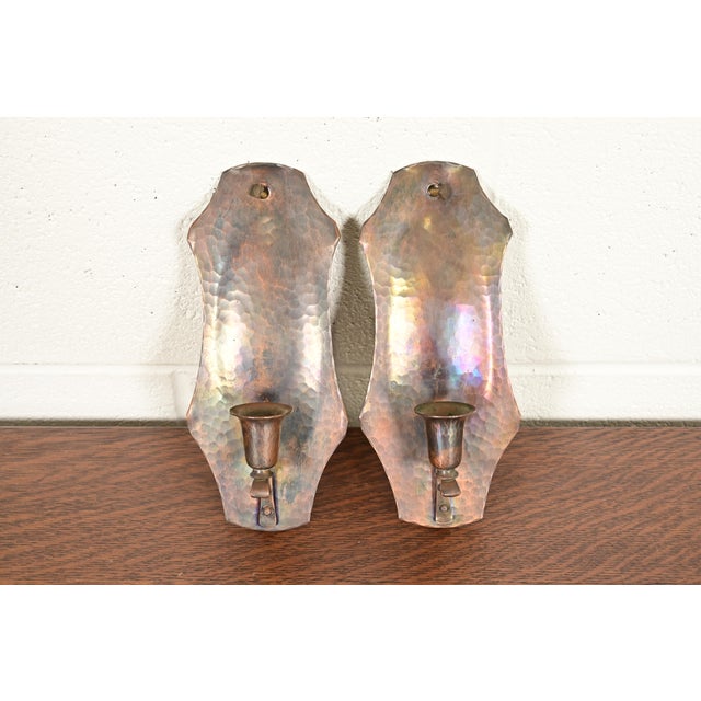 Metal Arthur Cole for Avon Coppersmith Arts & Crafts Hammered Copper Candle Wall Sconces, Pair For Sale - Image 7 of 11