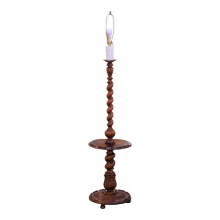 Early 20th C French Louis XIII Walnut Barley Twist Floor Lamp With Table For Sale