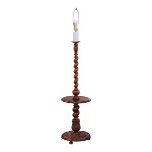Early 20th C French Louis XIII Walnut Barley Twist Floor Lamp With Table