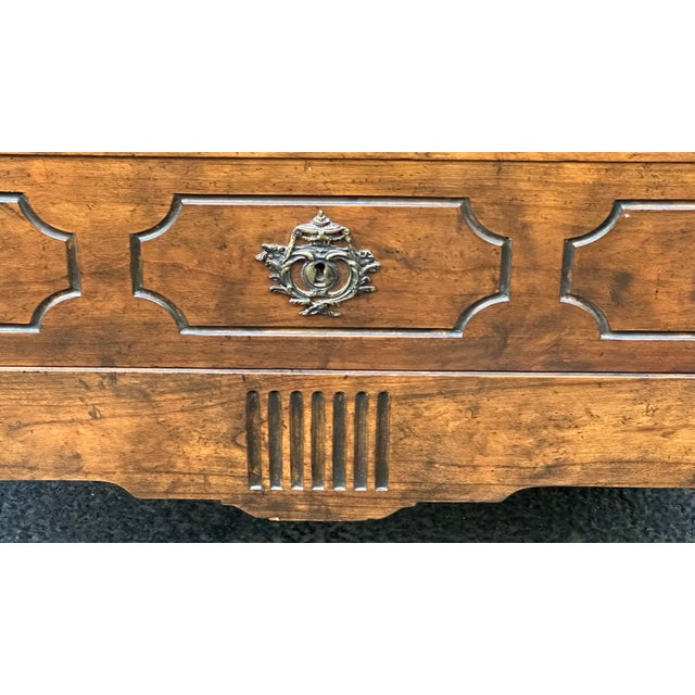 Brown Vintage Baker French Louis XVI Style Console Chest | Flamed Walnut 2-Drawer Commode With Bronze Mounts & Brass Sabots For Sale - Image 8 of 12