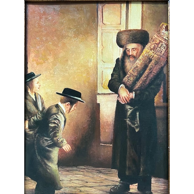 Figurative Judaica Oil Painting Portrait of a Rabbi With Gold Gilt Wooden Frame For Sale - Image 3 of 7