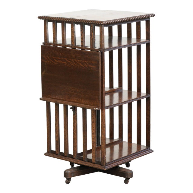 Large Antique 19th Century English Oak Book Carousel with Reading Shelf and Details For Sale