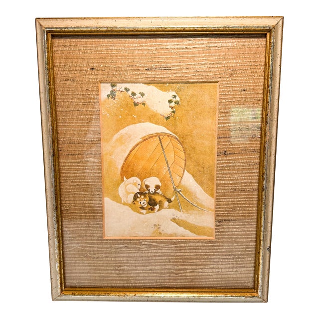 Vintage Framed and Matted Print of “Puppies in the Snow” Reproduction For Sale