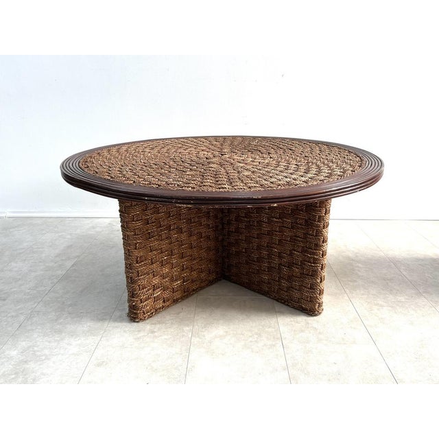 Mid-Century Modern Rattan and Woven Cane Coffee Table and Stools in the style of Audoux Minet, France, 1950s, Set of 5 For Sale - Image 3 of 9