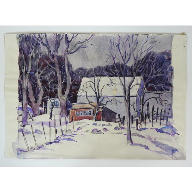 American Early 20th Century Snowy Winter Farm Landscape Watercolor Painting For Sale - Image 3 of 3