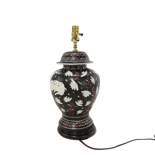 Vintage Brunschwig & Fils Table Lamp - Black and Cream Ceramic With Boar and Deer Motif - a Pair For Sale - Image 10 of 12