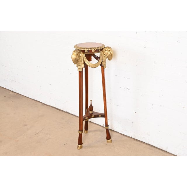 John Widdicomb John Widdicomb Neoclassical Mahogany Guéridon Pedestal Table or Plant Stand With Gold Gilt Ram Heads and Hooved Feet For Sale - Image 4 of 12