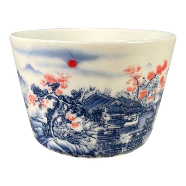 Vintage Blue & White Underglaze Red Porcelain Teacup – Landscape Scene, Qianlong Mark For Sale