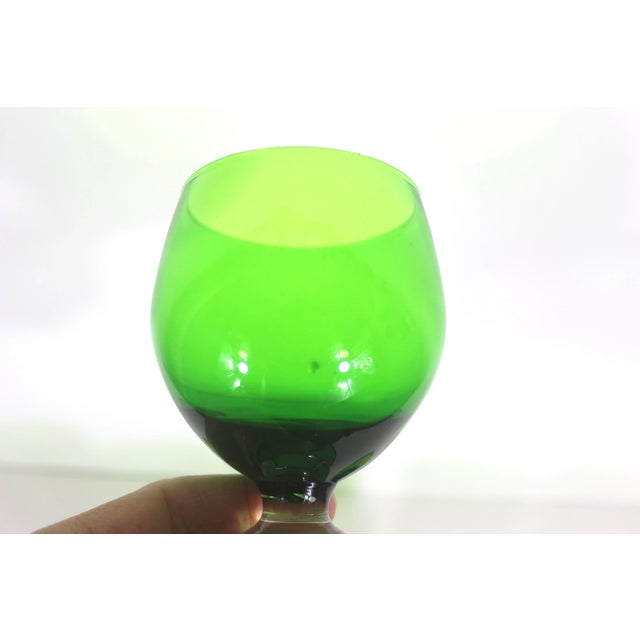 1960s Handblown Set of 4 Small Green Glass Goblets Clear Ball Stem For Sale - Image 10 of 10