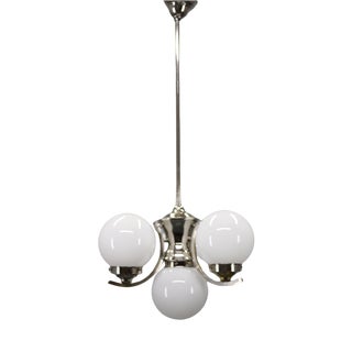 Art Deco Chrome Chandelier with White Globe Shades, 1930s For Sale