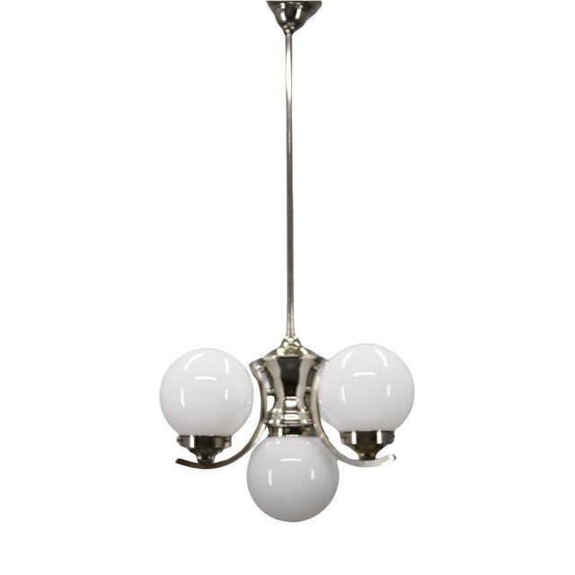 Art Deco Chrome Chandelier with White Globe Shades, 1930s For Sale