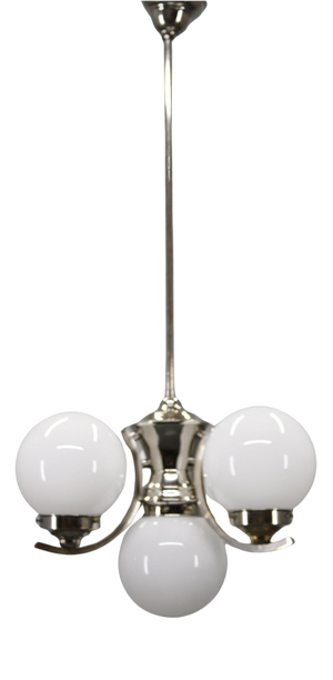 Art Deco Chrome Chandelier with White Globe Shades, 1930s