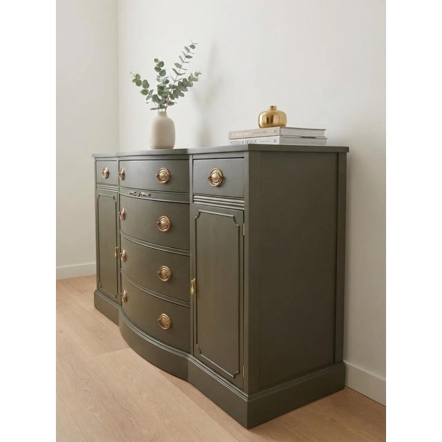 Neoclassical Drexel Mahogany Buffet. Custom Refinished in Olive Green With Brass Hardware, Attributed For Sale - Image 3 of 8