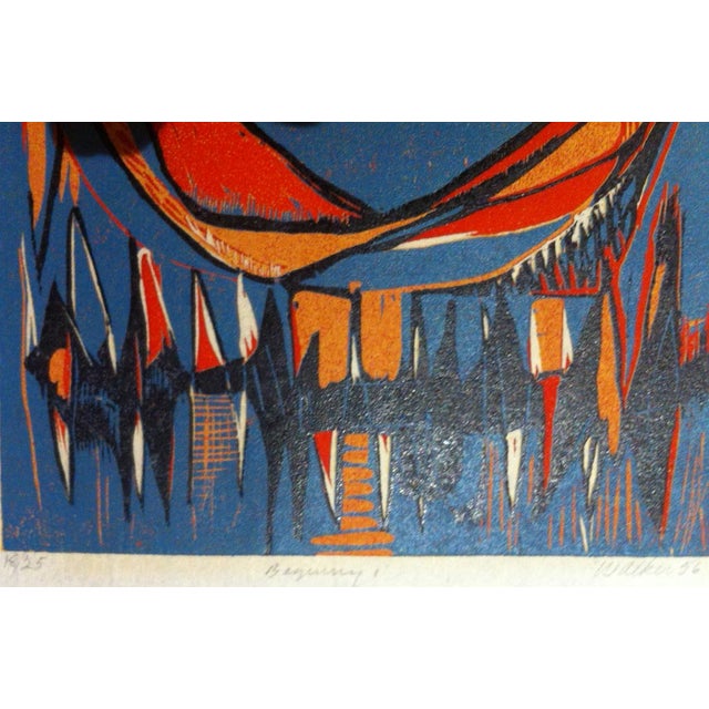 Clay Walker (1924 - 2008) Original color woodcut "Beginning One" 1956 Image size: 10"x 7" Edition of 25 Signed and...