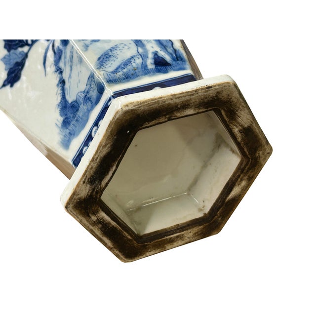 1980s Vintage Chinese Blue White Hexagonal Flower Bird Porcelain Vase For Sale - Image 5 of 15