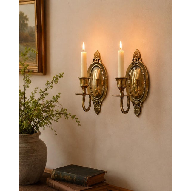 Vintage Pair of Cast Brass Oval Candle Wall Sconces With Reflector Backplates | Hollywood Regency Traditional For Sale - Image 9 of 11