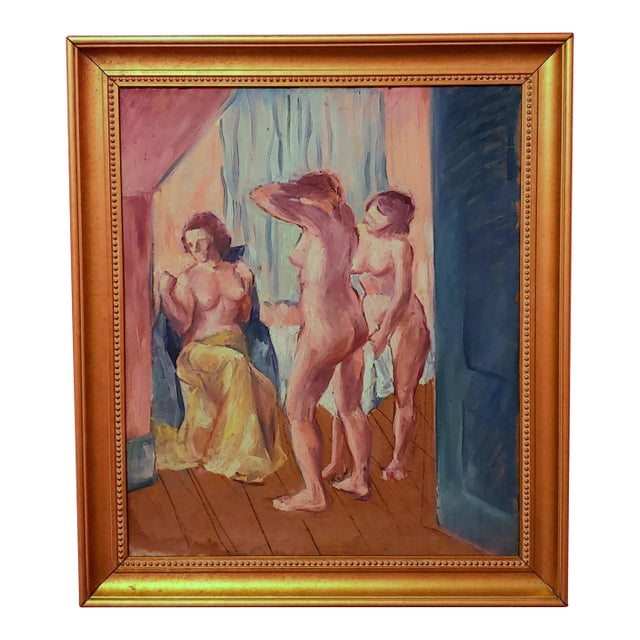 Vintage Early 20th Century "The Bath" Oil Painting on Board by Moma Artist, Framed For Sale