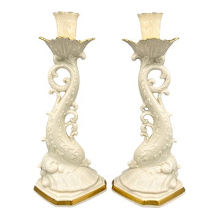 20th C. Lenox Cream & Gold Dolphin Candlesticks – A Pair – Coastal Glam For Sale