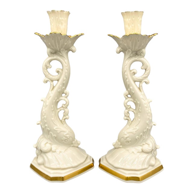 20th C. Lenox Cream & Gold Dolphin Candlesticks – A Pair – Coastal Glam For Sale