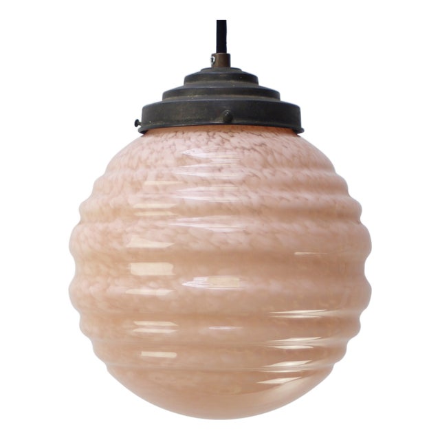 French Pink Reeded Clichy Glass Pendant Lamp For Sale