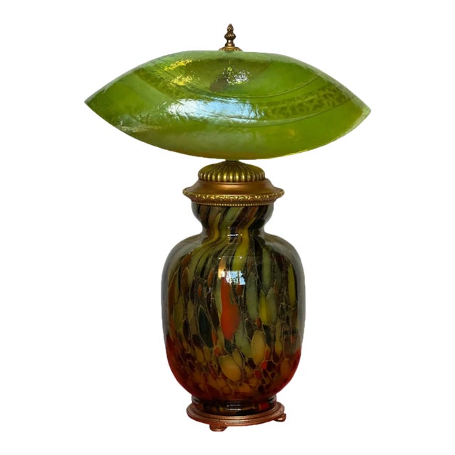 Murano Art Glass Abstract Green Mushroom Bronze Table Lamp For Sale