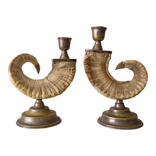 Mid 20th Century Ram Horn Candlestick Holders | Pair of Two For Sale
