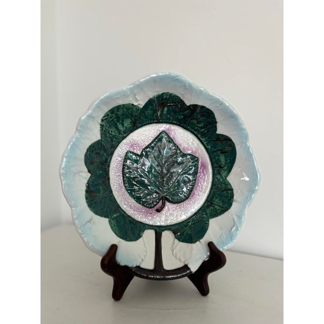 Vintage Italian Majolica Hand-Painted Grape Leaf Plate For Sale - Image 4 of 9