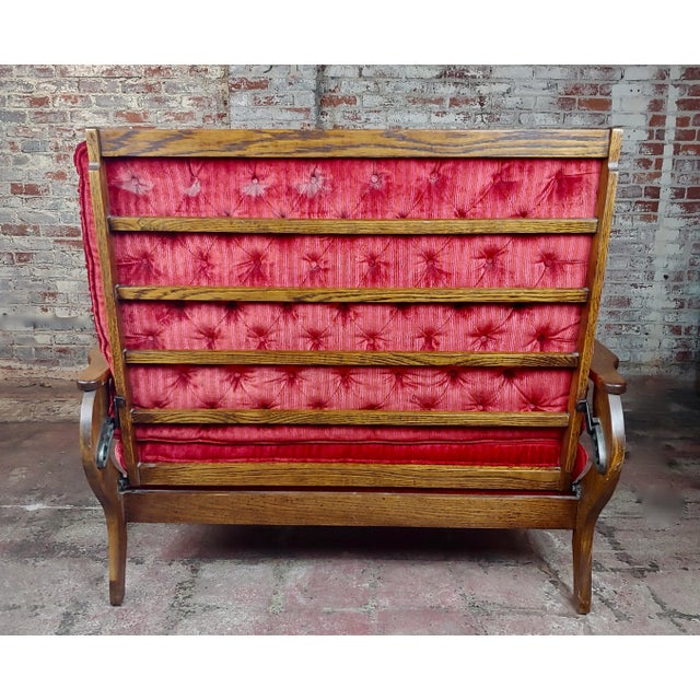 Wood 1900s Vintage American Oak Antique Morris Settee With Red Velvet Cushions For Sale - Image 7 of 8