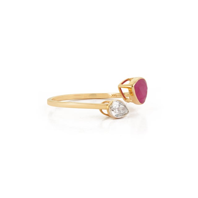 Metal Pear Cut 1.45ct Ruby Diamond Open Face Modern 14k Gold Ring Size 4 For Sale - Image 7 of 18