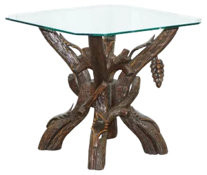 Black Forest Side Table with Glass Top & Wood Carvings of Leaves & Grapes