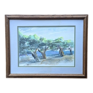 Vintage Original Tree Watercolor Painting Signed For Sale