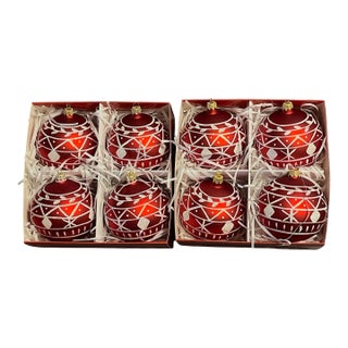 Set of 8 Starglass Poland Hand Painted Red, White & Glitter Mouth Blown Glass Ornaments For Sale