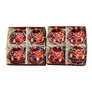 Set of 8 Starglass Poland Hand Painted Red, White & Glitter Mouth Blown Glass Ornaments