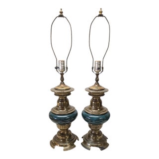 1980s Pair of Brass & Marble Table Lamps in the Style of Stiffel For Sale