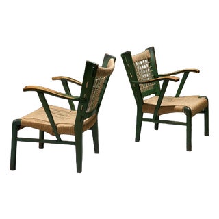 Green Lacquered Chestnut and Papercord Armchairs, Italy, Set of 2 For Sale