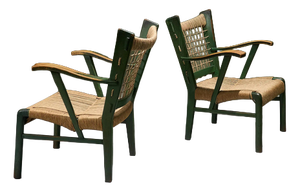 Green Lacquered Chestnut and Papercord Armchairs, Italy, Set of 2