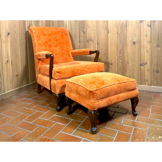 MCM Victorian-Style Carved Walnut Armchair and Ottoman For Sale - Image 11 of 17